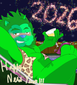 alcohol anthro beverage blue_nose blush brown_eyes champagne christmas_decorations christmas_lights clothed clothing container cup drunk facial_hair fangs fireworks fur glass glass_container glass_cup green_body green_fur green_hair green_mane hair male mane night nude open_clothing open_shirt open_topwear shirt sitting sky smile solo substance_intoxication swimming_pool teeth thong thong_down topwear underwear soul_d_raws souldi felid feline ghost lion mammal pantherine spirit 2026 digital_drawing_(artwork) digital_media_(artwork) hi_res