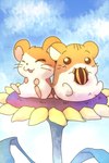 blush duo eating eyes_closed female feral flower fur male orange_body orange_fur plant sky_background sunflower sunflower_seed whiskers white_body white_fur xxxcustardxxx hamster_club hamtaro_(series) hamtaro shigetchi_(hamster_club) cricetid hamster mammal rodent hi_res