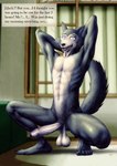 anthro balls big_penis caught_in_the_act erection foreskin genitals humanoid_genitalia humanoid_penis looking_at_viewer male nude penis saggy_balls solo text unwanted_erection ten-kun beastars legoshi_(beastars) canid canine canis mammal wolf english_text hi_res