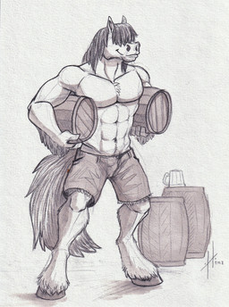 abs anthro bottomwear chest_tuft closed_smile clothed clothing front_view holding_barrel hooves male male_anthro mouth_closed muscular muscular_anthro muscular_male pecs shorts smile solo standing tail topless tuft hufnaar equid equine horse mammal 2018 dated full-length_portrait hi_res monochrome portrait sketch