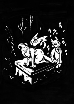 anthro bow_tie dark duo eye_contact female horn inviting kneeling looking_at_another male male/female night outside plant rock sculpture seductive smile statue suggestive tree wings phano animate_inanimate domestic_cat felid feline felis gargoyle mammal absurd_res hi_res monochrome