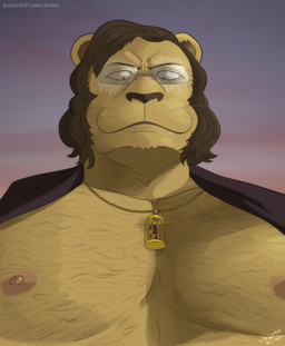 anthro antlers body_hair brown_body brown_hair cage cage_necklace caged chest_hair clothing duo extreme_size_difference eyewear glasses hair horn jewelry larger_anthro larger_male male micro necklace nipples pink_nipples red_clothing size_difference smaller_anthro smaller_male smile suit text whiskers yellow_body jabuhusky beastars chief_lion_(beastars) louis_(beastars) cervine deer felid lion mammal pantherine red_deer 2025 artist_name colored dated hi_res signature