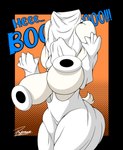 anthro big_breasts breasts clothing costume eyewear female fur ghost_costume halloween_costume holidays horn huge_breasts simple_background solo tail text white_body white_fur reymonrr deltarune halloween undertale undertale_(series) toriel boss_monster_(undertale) bovid caprine goat mammal absurd_res hi_res