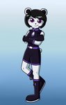 anthro black_hair boots bottomwear breasts cleavage clothed clothing female footwear fur gloves gradient_background hair handwear shoes shorts simple_background solo white_body white_fur heytherebabu freedom_planet galaxytrail neera_li bear giant_panda mammal 2020 hi_res