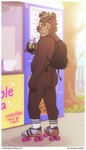 backpack beverage bubble_tea butt casual_nudity eyewear eyewear_on_head male mostly_nude public public_nudity quad_skates roller_skates solo sunglasses sunglasses_on_head text artdecade willy_(artdecade) bear mammal english_text url