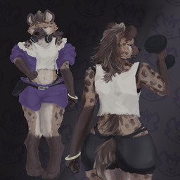 5_toes anthro belt biped black_background black_bottomwear black_clothing black_nose black_pants black_pawpads bottomwear bracelet brown_body brown_fur brown_hair clothing crop_top cropped_jacket digitigrade dumbbell electronics feet female fur hair headphones jewelry markings pants pawpads pose purple_bottomwear purple_clothing purple_eyes purple_pants round_ears shirt simple_background solo spots spotted_body spotted_fur standing tank_top toes topwear weights white_clothing white_shirt white_tank_top white_topwear lxegger hyena mammal spotted_hyena 1:1 absurd_res hi_res