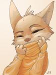 anthro brown_background cheek_tuft clothed clothing facial_tuft female half-closed_eyes head_tuft looking_at_viewer narrowed_eyes simple_background smile solo sweater topwear tuft alec8ter conditional_dnp disney pack_street zootopia charlie_(weaver) fan_character canid canine fox mammal 2018 signature