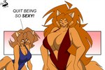 anthro breasts cleavage clothed clothing curvy_figure dialogue duo female hair one-piece_swimsuit small_head swimwear text voluptuous chrisandcompany daryl_vecat neve_vecat domestic_cat felid feline felis mammal 3:2 english_text hi_res