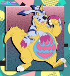 ambiguous_gender animal_skin anthro belly belly_markings horn markings red_eyes semi-anthro solo tail thick_tail yellow_body sundaysplayzone bandai_namco digimon hasbro digimon_(species) gabumon better_version_at_paywall hi_res