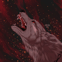 abstract_background ambiguous_gender barking black_lips chain_necklace fangs feral fur grey_body grey_fur jewelry lips necklace open_mouth red_eyes side_view solo teeth text msdeadsoul canid canine mammal 1:1 2022 artist_name dated hi_res