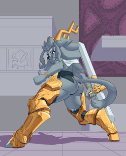 anthro antlers armor black_clothing black_nose black_topwear black_vest blue_eyes butt capelet clothing club_(weapon) detailed_background digitigrade_footwear dream_breaker_(pseudoregalia) ears_down female floor footwear furgonomic_footwear furgonomics gesture greaves grey_body hand_gesture holding_object holding_weapon horn legwear long_ears long_tail looking_at_viewer looking_back looking_back_at_viewer low-angle_view melee_weapon muscular muscular_female nightstick pivoted_ears pose purple_eyes smile solo tail thigh_highs thumbs_up tile tile_floor topwear vest weapon yinigma pseudoregalia sybil_(pseudoregalia) bovid caprine felid feline goat jackalope lagomorph leporid mammal rabbit 2023 absurd_res hi_res
