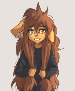 anthro bodily_fluids breasts clothed clothing crying female female_anthro floppy_ears fur hair kemono long_hair looking_at_viewer piercing pulling_hair small_breasts solo tattoo tears touching_hair tinygaypirate apogee_(tinygaypirate) canid canine canis domestic_dog mammal spitz 2023 digital_media_(artwork) half-length_portrait hi_res portrait