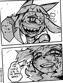 2_panel_comic anthro bodily_fluids compliment crying damaged_body dialogue duo dying female hair machine messy_hair open_mouth open_smile question sharp_teeth smile speech_bubble talking_to_another teardrop tears teeth text wounded diddlydooter1 gameoverse glitch_productions kit_bodega malice_(gameoverse) animal_humanoid cat_humanoid cyclops domestic_cat felid felid_humanoid feline feline_humanoid felis humanoid mammal mammal_humanoid robot robot_humanoid 2026 artist_name bust_portrait comic english_text greyscale monochrome portrait