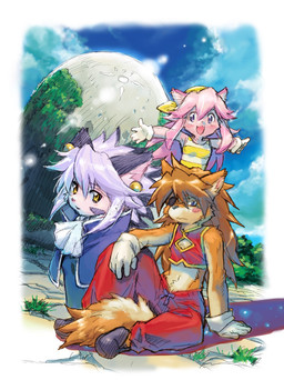 anthro blush clothed clothing cosplay crossdressing embarrassed female group kemono male sitting spread_arms trio young young_female tatotake_mono cyberconnect2 little_tail_bronx solatorobo tail_concerto alicia_pris chocolat_gelato elh_melizee flare_pris red_savarin stare_pris canid canine caninu canis domestic_cat domestic_dog felid feline felineko felis mammal 2011 crossover japanese_description