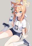 accessory blonde_hair blue_eyes bottle bottomwear clothed clothing container female flower flower_in_hair footwear hair hair_accessory hairband plant shirt shoes shorts sitting socks solo topwear wariza water_bottle mauve_(artist) blue_archive mari_iochi animal_humanoid canid canid_humanoid canine canine_humanoid fox_humanoid humanoid mammal mammal_humanoid 2023