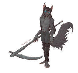 anthro barefoot blue_eyes claws clothed clothing feet fur hair male melee_weapon paws polearm pose scythe shirtless simple_background solo tail toe_claws toes weapon kredri dark_souls fromsoftware domestic_cat felid feline felis mammal hi_res