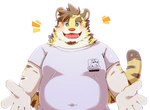 anthro blush clothing green_eyes humanoid_hands kemono male overweight overweight_male shirt simple_background solo text topwear white_background green_bell felid mammal pantherine tiger 2023 absurd_res hi_res