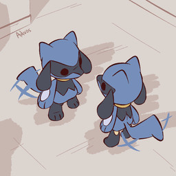 3_fingers 3_toes ambiguous_gender anthro biped black_eyes blue_body blue_fur blue_tail butt duo eye_contact feet fingers front_view fur inside looking_at_another nude nude_ambiguous nude_anthro rear_view standing tail tail_motion tailwag toes advos nintendo pokemon generation_4_pokemon pokemon_(species) riolu 1:1 2026 digital_drawing_(artwork) digital_media_(artwork)