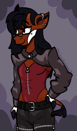 ambiguous_gender anthro belt black_hair brown_body brown_fur clothing ear_piercing ear_ring eyewear fingers fur glasses hair hand_on_hip hooved_fingers hooves horn long_hair markings mole_(marking) ossicone piercing ring_piercing small_waist solo zipper animaanimals pablopoquel_(animaanimals) giraffid mammal okapi