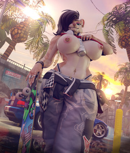 anthro areola band-aid bandage big_breasts bottomwear breast_drop breasts brown_hair city city_background clothed clothing clothing_lift denim denim_bottomwear denim_clothing ear_piercing ear_ring electronics exposed_breasts facial_piercing fangs female fur hair headphones huge_breasts jeans looking_at_viewer navel navel_piercing nipple_piercing nipple_ring nipples nose_piercing nose_ring palm_tree pants piercing plant public public_exposure ring_piercing sabertooth_(anatomy) skateboard solo street street_lamp stripes suggestive sunset tan_body tan_fur teeth thick_thighs thong thong_straps tree underwear vehicle y2k_(graphic_design) mixedtoofer valorlynz_(modeler) adult_swim cartoon_network dodge_viper monster_energy smiling_friends toofer felid mammal prehistoric_species saber-toothed_tiger 3d_(artwork) absurd_res digital_media_(artwork) hi_res huge_filesize