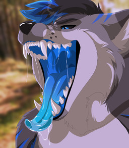 anthro black_hair black_nose black_sclera blue_eyes blue_hair blue_insides blue_tongue blurred_background bodily_fluids cheek_tuft dripping facial_tuft fangs fur hair male mouth_shot multicolored_body multicolored_fur nude open_mouth saliva saliva_drip saliva_on_tongue sharp_teeth short_hair snout solo teeth tongue tuft lawkie canid canine canis mammal wolf 2026 colored digital_drawing_(artwork) digital_media_(artwork) hi_res shaded