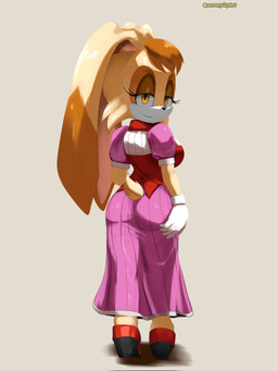 anthro bedroom_eyes breasts butt clothed clothing dress female footwear fur gloves hair half-closed_eyes handwear high_heels looking_at_viewer looking_back mature_anthro mature_female narrowed_eyes rear_view seductive shoes simple_background smile solo standing tail soranygyart sega sonic_the_hedgehog_(series) vanilla_the_rabbit lagomorph leporid mammal rabbit digital_media_(artwork) hi_res