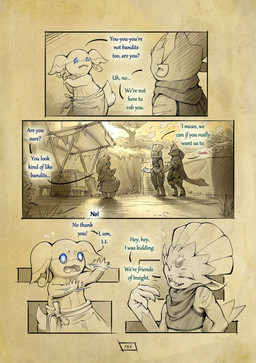 3_fingers anthro blue_eyes claws cloak clothing cloud day dialogue eyelashes eyes_closed female fingers group light male nervous outside page_number plant red_eyes sky sunlight surprised tail text thought_bubble tree trio truescorn nintendo pokemon pokemon_mystery_dungeon spike_chunsoft asche_(truescorn) clarity_(truescorn) orchid_(truescorn) audino generation_4_pokemon generation_5_pokemon lucario pokemon_(species) weavile 2025 absurd_res comic english_text hi_res huge_filesize