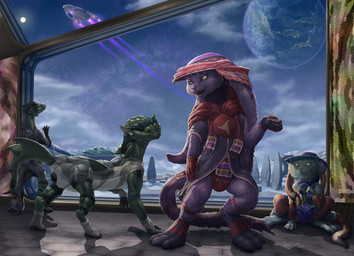 3_toes amber_eyes ambiguous_gender biped bipedal_feral blue_eyes clothed clothed_feral clothing cloud dialogue feet feral fur gloves green_body group handwear hat headgear headwear hexagon hurricane long_ears long_tail looking_at_another looking_through looking_through_window moon planet purple_body purple_fur quadruped rug science_fiction shadow sky spacecraft star starry_sky station sun tail talking_to_another textiles toes unusual_anatomy unusual_tail vehicle veil wall_rug window yellow_eyes seateal hesiarr shuna shunamir 2019 hi_res