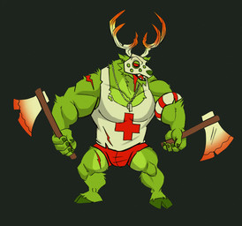 anthro antlers blood blood_from_mouth blood_in_mouth bodily_fluids bulge clothed clothing front_view fur green_body green_fur horn male male_anthro muscular muscular_anthro muscular_male narrowed_eyes open_mouth orange_antlers red_eyes simple_background solo standing white_antlers chumbasket deer mammal full-length_portrait hi_res portrait