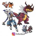 anthro biped feral bandai_namco digimon nintendo pokemon canid canine digimon_(species) dinosaur fossil_pokemon generation_6_pokemon generation_7_pokemon greymon lycanroc mammal midnight_lycanroc pokemon_(species) prehistoric_species reptile scalie tyrantrum weregarurumon 1:1 crossover