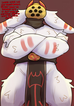 anthro armor big_ears bottomwear bulge clothing crossed_arms dialogue headgear helmet horn loincloth male mostly_nude muscular muscular_male solo text unconvincing_armor drstrangeluvve atlyss enok_(atlyss) oathkin_(atlyss) poon_(atlyss) english_text hi_res
