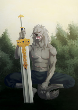 anthro athletic blade bottomwear clothed clothing crouching fangs feet fingers fur grey_body hair looking_at_viewer male melee_weapon muscular muscular_male nipples open_mouth pants pecs scar solo spread_legs spreading sword tail teeth tongue topless topless_anthro topless_male weapon sammaeel elden_ring fromsoftware blaidd_(elden_ring) canid canine canis mammal wolf absurd_res hi_res