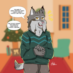 anthro black_claws black_ear_tips bottomwear brown_body brown_bottomwear brown_clothing brown_fur brown_pants chair cheek_tuft christmas_tree claws clothing dialogue dipstick_ears ear_markings facial_tuft fur furniture gift green_clothing green_sweater green_topwear grey_body grey_fur hands_together head_tuft holidays looking_at_viewer male multicolored_ears ornament pants pink_nose pink_tongue plant rug short_tail smile solo speech_bubble sweater tail talking_to_viewer teeth text tongue topwear tree tuft whisker_spots white_body white_fur window yellow_eyes roukanzayev christmas disney zootopia pawbert_lynxley canada_lynx felid feline lynx mammal 1:1 english_text