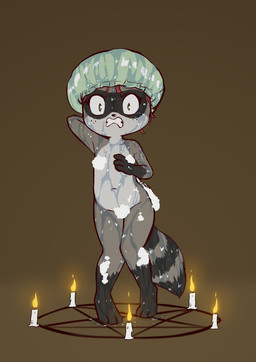 angry anthro candle female fluffy fluffy_tail freckled_face freckles loli looking_at_viewer markings navel nude ring_(marking) ringed_tail shower_cap solo standing striped_markings striped_tail stripes suds summoning_circle tail tail_markings teeth wet wet_body young e254e rebecca_lane mammal procyonid raccoon absurd_res censored hi_res