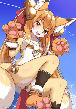 2_tails anthro bell bikini blonde_hair brown_ear_tips clothing countershade_face countershade_fur countershading cute_fangs dipstick_ears dipstick_tail ear_markings fangs female female_anthro flat_chested fur gloves gloves_(marking) gold_bikini hair handwear inner_ear_fluff kemono leg_markings long_hair markings multi_tail multicolored_ears open_mouth outside paw_gloves red_eyes red_ribbon shooting_star sky socks_(marking) solo swimwear tail tail_markings teeth tuft two-piece_swimsuit white_body white_fur white_tail_tip yellow_body yellow_fur yellow_tail horokusa0519 golden_week nio_(horokusa) canid canine fox mammal 2026 hi_res