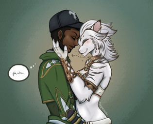 anthro bangle beard braided_hair clothed clothing dark_body dark_skin duo ear_piercing ear_ring facial_hair female fur gradient_background hair hat headgear headwear hug human_on_anthro interspecies jacket jewelry male piercing purring ring_piercing simple_background speech_bubble stripes text topwear white_body white_fur sugarbandit final_fantasy final_fantasy_xiv square_enix felid hrothgar human mammal hi_res