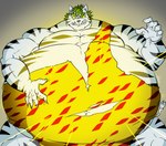 anthro belly belly_inflation big_belly close_to_bursting clothing green_hair hair hand_on_belly imminent_explosion inflation male muscular muscular_male navel pecs solo torn_clothing reagan700 yu_yu_hakusho byakko_(yu_yu_hakusho) demon felid mammal pantherine tiger