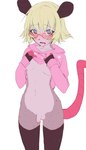 anthro black_clothing black_legwear black_thigh_highs blonde_hair blue_eyes breasts brown_body brown_ears brown_fur brown_hands clothed clothing eyewear flaccid foreskin fur genitals glasses gynomorph hair hoodie intersex legwear markings open_mouth penis pink_clothing pink_fingers pink_hoodie pink_nose pink_tail pink_topwear raised_clothing raised_hoodie raised_shirt raised_topwear rat_tail red_eyewear red_glasses shirt simple_background small_breasts small_penis solo spots spotted_body spotted_fur standing tail thigh_highs topwear white_background rofortyseven jordie_(ohlordyit'sjordie) american_opossum mammal marsupial 2019 hi_res portrait three-quarter_portrait trans_(lore) trans_woman_(lore)