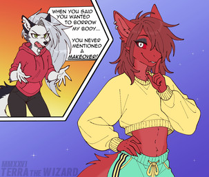 5_fingers angry anthro biped black_bottomwear black_clothing black_ears black_nose black_pants blue_background blue_bottomwear blue_clothing body_swap bottomwear cheek_tuft claws clothed clothing countershade_ears countershade_fur countershade_neck countershade_tail countershade_torso countershading crop_top dialogue drawstring duo ear_piercing ear_ring eye_through_hair eyebrow_through_hair eyebrows eyelashes eyelashes_through_hair eyeshadow facial_tuft female femboy finger_claws fingers flesh_fang fluffy fluffy_tail front_view frown fully_clothed fur furry_tail gesture gradient_background green_eyes grey_body grey_fur grey_hair hair hand_on_hip hand_on_own_hip hoodie inner_ear_fluff long_hair looking_at_viewer makeup male medium_hair midriff narrowed_eyes navel notched_ear open_mouth orange_background pants piercing pink_tongue pockets pointy_ears prick_ears pupils red_body red_clothing red_countershading red_fur red_hair red_hoodie red_sclera red_topwear ring_piercing shirt shush simple_background slim slim_anthro slim_male slit_pupils smile snout sparkles speech_bubble tail teeth text tongue topwear transformation translucent translucent_hair tuft white_body white_eyes white_fur white_inner_ear white_inner_ear_fluff yellow_clothing yellow_crop_top yellow_shirt yellow_topwear terrathewizard hellaverse helluva_boss mythology loona_(helluva_boss) terra_(terrathewizard) canid canid_demon canine canis demon dragon furred_dragon furred_scalie hellhound hybrid mammal mythological_canine mythological_creature mythological_scalie scalie wingless_dragon wolf 2026 artist_name dated digital_drawing_(artwork) digital_media_(artwork) english_text flat_colors andromorph_(lore)