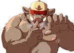 5_fingers anthro blush bodily_fluids brown_body clothing fingers hat headgear headwear humanoid_hands kemono male moobs nipples overweight overweight_male simple_background solo sweat white_background raichoclub mammal suid suine sus_(pig) wild_boar 2024 hi_res