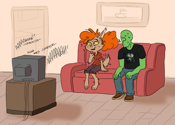 ?_face aroused bite biting_lip biting_own_lip blush bodily_fluids brown_body brown_fur dialogue duo electronics female flannel fur furniture hair male orange_hair screaming self_bite shaking sofa sweat television text trembling yellow_eyes masarts ghoul_school hanna-barbera scooby-doo_(series) three_wolf_moon anon winnie_werewolf_(ghoul_school) canid canine canis human mammal wolf english_text