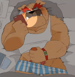 5_fingers anthro bed black_nose blue_clothing blue_underwear blush bodily_fluids boxers_(clothing) brown_body brown_fur cellphone clock clothing electronics fingers fur furniture genitals heart_symbol kemono lying lying_on_bed male masturbation on_back on_bed overweight overweight_anthro overweight_male pattern_clothing pattern_underwear penile penile_masturbation penis phone pillow smartphone solo striped_clothing striped_underwear stripes sweat underwear watch hyaku_(artist) third-party_edit nintendo warioware dribble_(warioware) canid canine canis domestic_dog mammal 2020 2d_animation animated censor_removal_edit frame_by_frame no_sound short_playtime webm