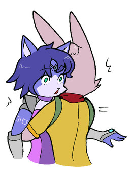 anthro blue_body blue_eyes blue_fur blue_hair circlet clothing duo female female/female fur gem hair hug pink_body pink_clothing pink_fur spacesuit surprised tattoo teal_eyes yellow_clothing alekoin nintendo star_fox krystal_(star_fox) lucy_hare canid canine fox hare lagomorph leporid mammal
