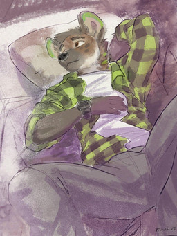 5_fingers anthro brown_body brown_eyes brown_fur clock clothed clothing fingers fur lying male on_back solo watch wristwatch koul banzay hyena mammal 2020 3:4 digital_media_(artwork) hi_res