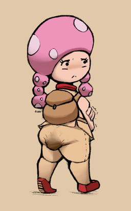 backpack bottomwear butt clothing constricted_pupils embarrassed explorer_outfit feces female footwear frown hand_on_arm looking_away motion_lines mushroom_cap pants pigtails pooping pupils rear_view red_clothing red_footwear red_shoes scatplay shoes simple_background small_pupils soiling soiling_pants solo tan_background tan_bottomwear tan_clothing tan_pants tan_topwear topwear jubb mario_bros nintendo toadette humanoid toad_(mario) 2021 signature
