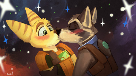 anthro blush bodily_fluids cosmic_background duo eyes_closed holding_arm kissing male male/male space space_background sparkles star surprised sweat wide_eyed rosphix guardians_of_the_galaxy marvel ratchet_and_clank sony_corporation sony_interactive_entertainment ratchet_(ratchet_and_clank) rocket_raccoon lombax mammal procyonid raccoon 2020 absurd_res digital_media_(artwork) hi_res signature