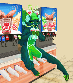 4_toes 5_fingers advertisement anthro beer_hat beverage beverage_drinking big_ears big_tail biped cheek_tuft clothing container cup cup_holder detailed_background digitigrade dipstick_ears dipstick_tail dirty_floor dispenser disposable_cup drinking drinking_straw ear_markings eyebrows eyelashes facial_tuft feet fingers floor fluffy fluffy_tail foot_focus fur furniture green_body green_clothing green_eyebrows green_eyes green_fur green_hat green_headwear green_inner_ear_fluff green_markings green_nose green_sclera hat hat_only headgear headgear_only headwear headwear_only holding_beverage holding_container holding_cup holding_object humanoid_hands inner_ear_fluff inside looking_at_viewer male markings mostly_nude multicolored_body multicolored_ears multicolored_fur narrowed_eyes on_table pawpads paws sitting sitting_on_table snout soda soda_fountain solo store stretching_leg table tail tail_markings tile tile_floor toes tribal tribal_markings tuft foxjak 7-eleven big_gulp_(7-eleven) coca-cola mountain_dew pepsi dr_vykung canid canine fox mammal 2025 digital_drawing_(artwork) digital_media_(artwork) hi_res pixel_(artwork) shaded signature
