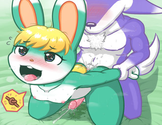 anal anal_knotting anal_orgasm anal_penetration anthro anthro_penetrated anus arm_grab balls bed blonde_hair blush bodily_fluids butt chest_tuft cum cum_drip cum_in_ass cum_inside cum_on_bed cum_overflow cum_pool cum_while_penetrated cumshot dripping duo ejaculation emanata femboy fur furniture genital_fluids genitals green_body green_fur hair hands-free heart_pupils heart_symbol humanoid_genitalia humanoid_penis interspecies knotting knotting_symbol male male/male male_penetrated male_penetrating male_penetrating_male multicolored_body multicolored_fur nipples nude open_mouth orgasm penetration penile penile_penetration penis purple_body purple_fur saliva saliva_string sex steam sweat teeth tongue tongue_out tuft two_tone_body two_tone_fur white_body white_fur anonymous_artist animal_crossing nintendo lobo_(animal_crossing) sasha_(animal_crossing) canid canine canis lagomorph leporid mammal rabbit wolf pictographics
