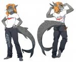 anthro breasts butt butt_pose clothed clothing female flexing grey_body grin hair hands_on_hips looking_at_viewer non-mammal_breasts orange_eyes orange_hair pose simple_background small_breasts smile solo standing teeth tomboy white_background cosmicminerals emille_selachi fish hybrid marine shark