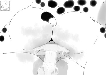 anthro bodily_fluids cum cum_in_vagina cum_inside duo excessive_cum excessive_genital_fluids female female_on_top genital_fluids male male/female musk on_top overweight overweight_female penetration pinned vaginal vaginal_penetration findthechameleon geijutsu_konran mau_makan_apa weewee_(missile_city) chameleon hyena lizard mammal reptile scalie absurd_res hi_res monochrome